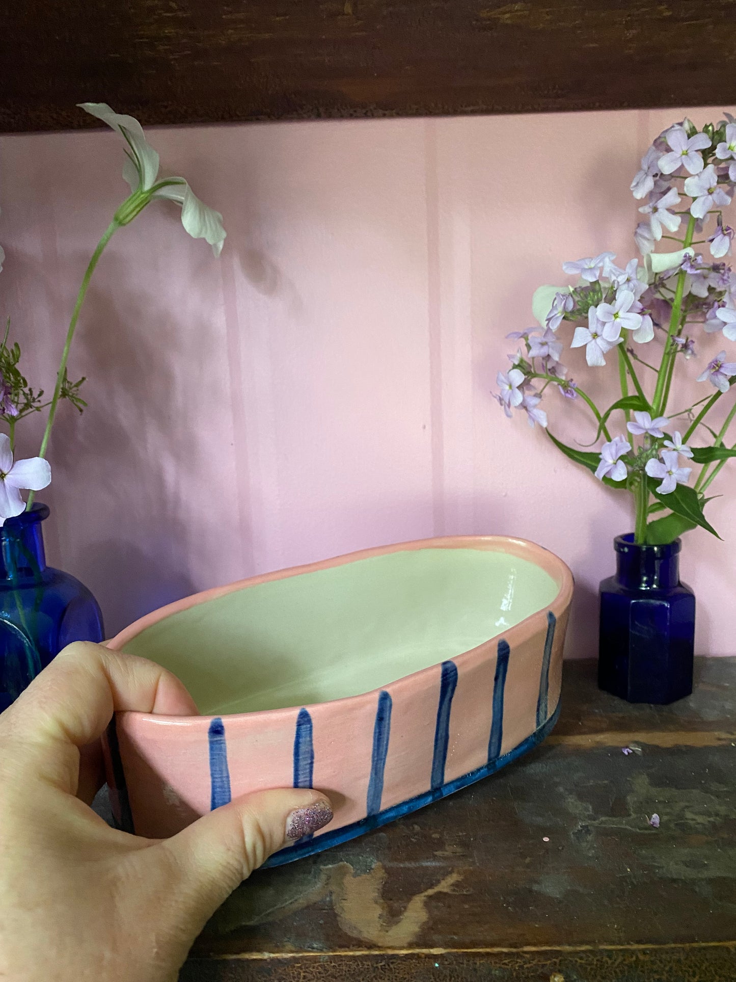 Oval Blue Striped on Pink Vase OBP1