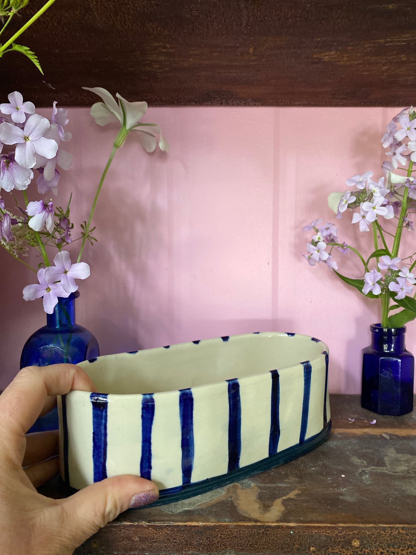 Oval Blue Striped Vase OB2