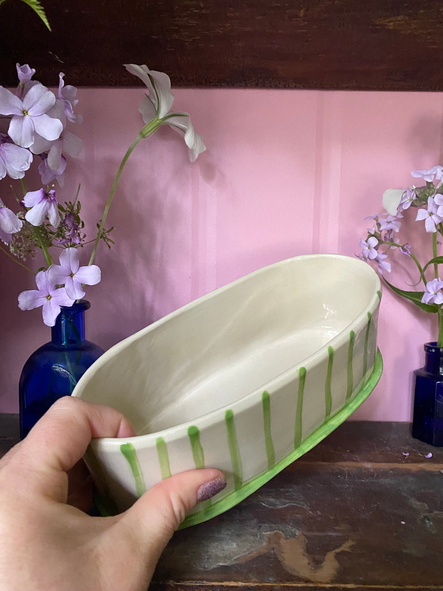 Oval Green Striped Vase OG1