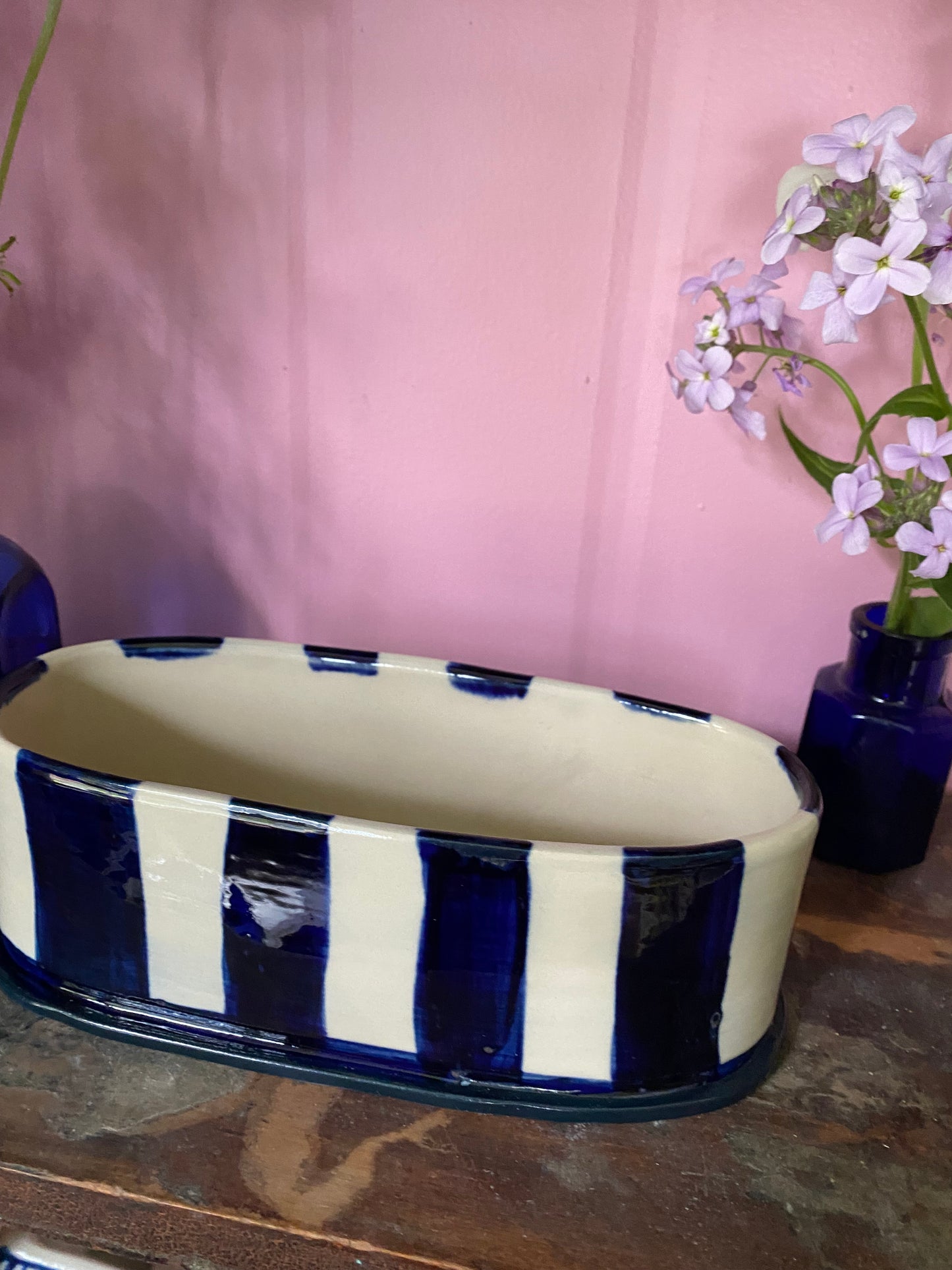 Oval Blue Striped Vase OB4