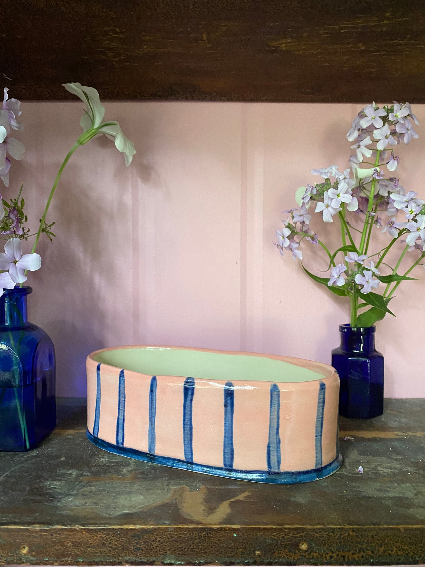 Oval Blue Striped on Pink Vase OBP1