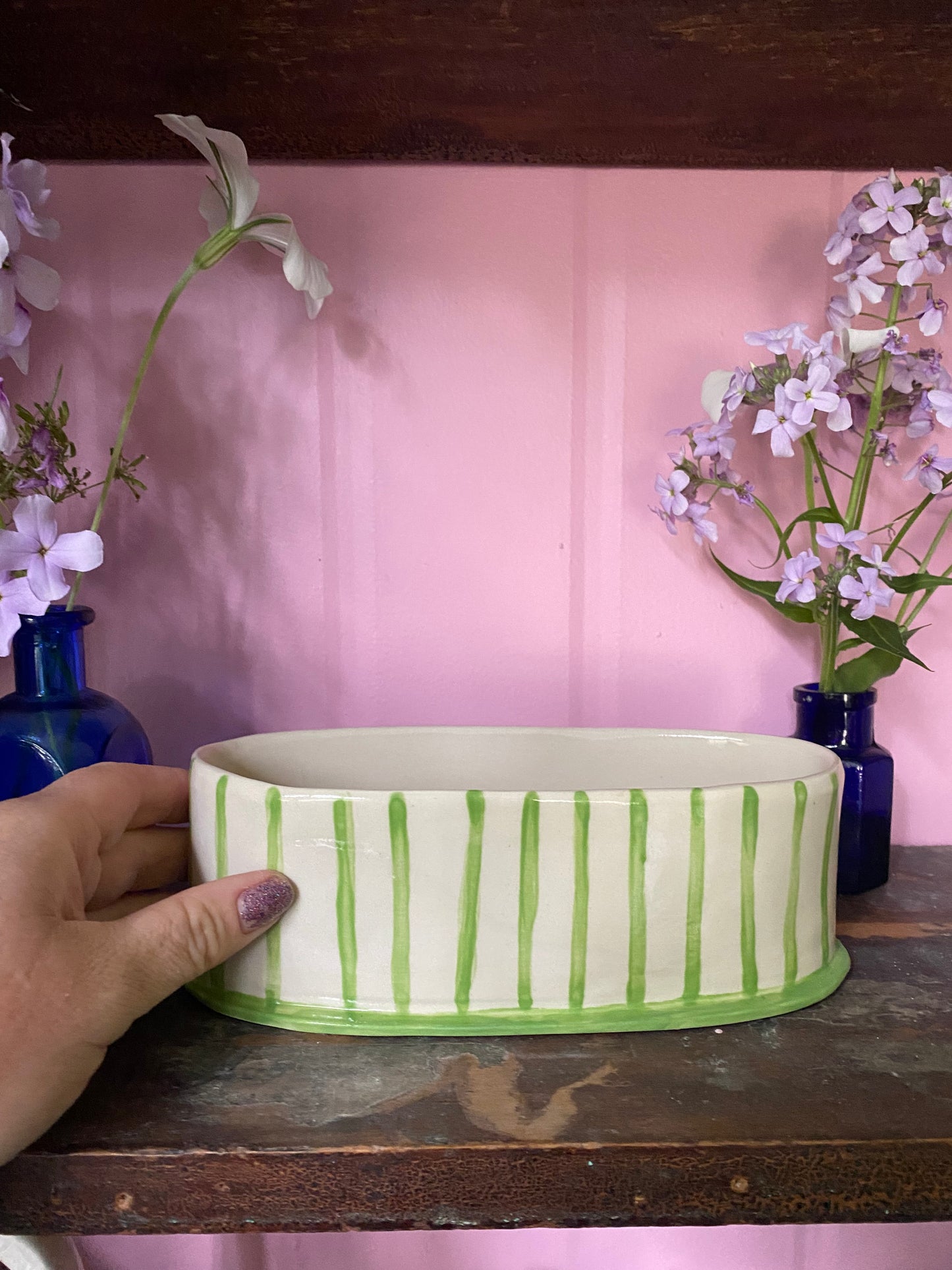 Oval Green Striped Vase OG1