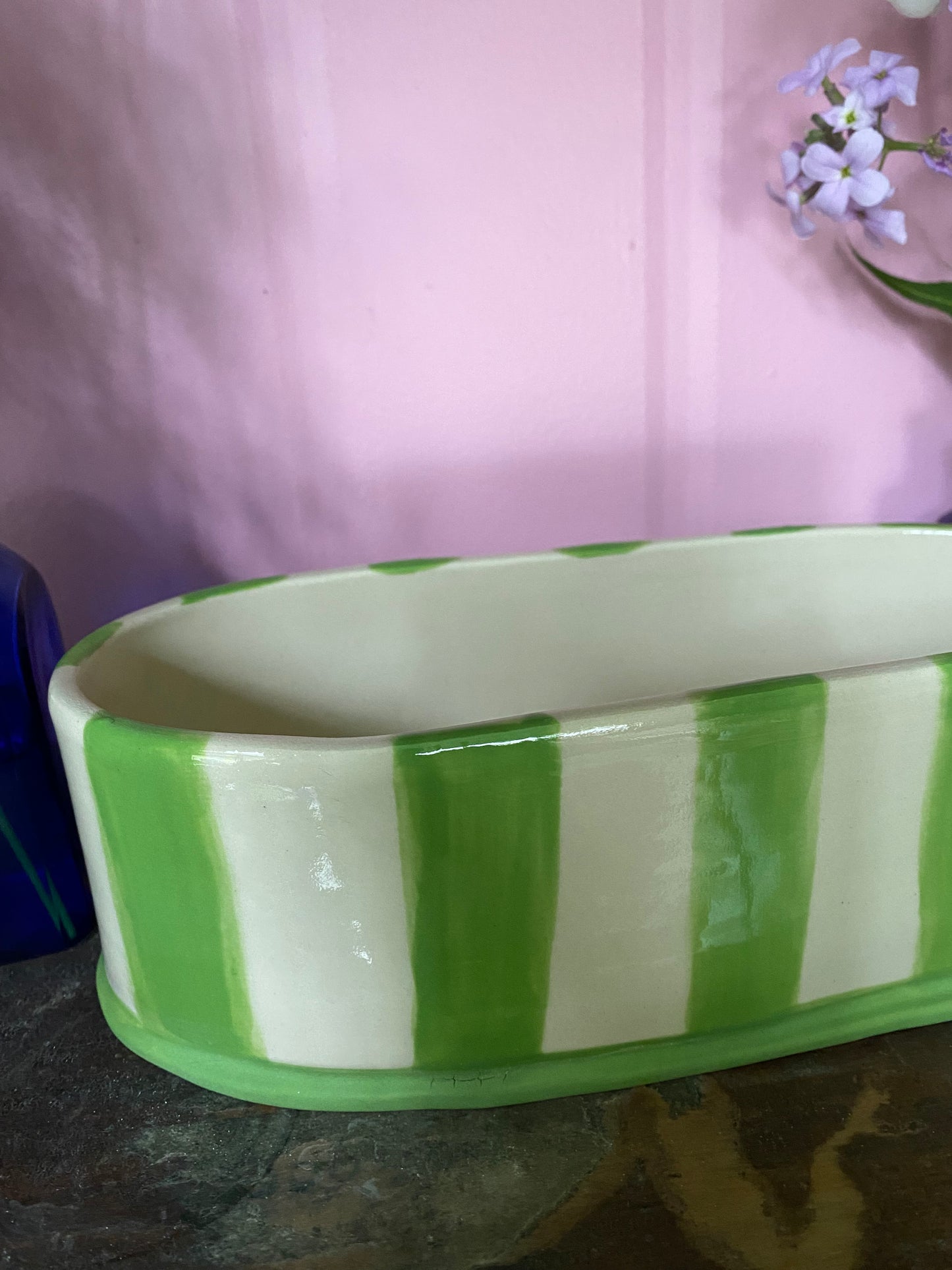 Oval Green Striped Vase OG3