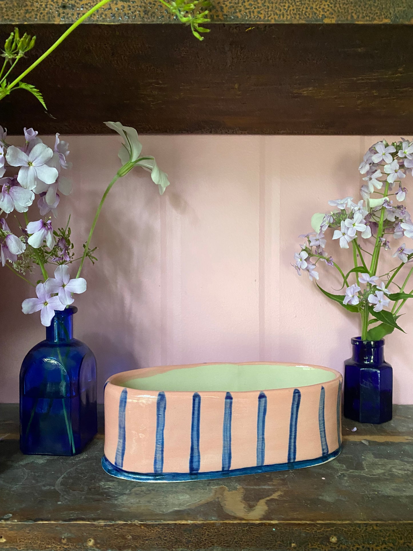 Oval Blue Striped on Pink Vase OBP1