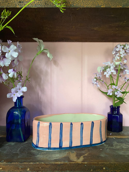 Oval Blue Striped on Pink Vase OBP1