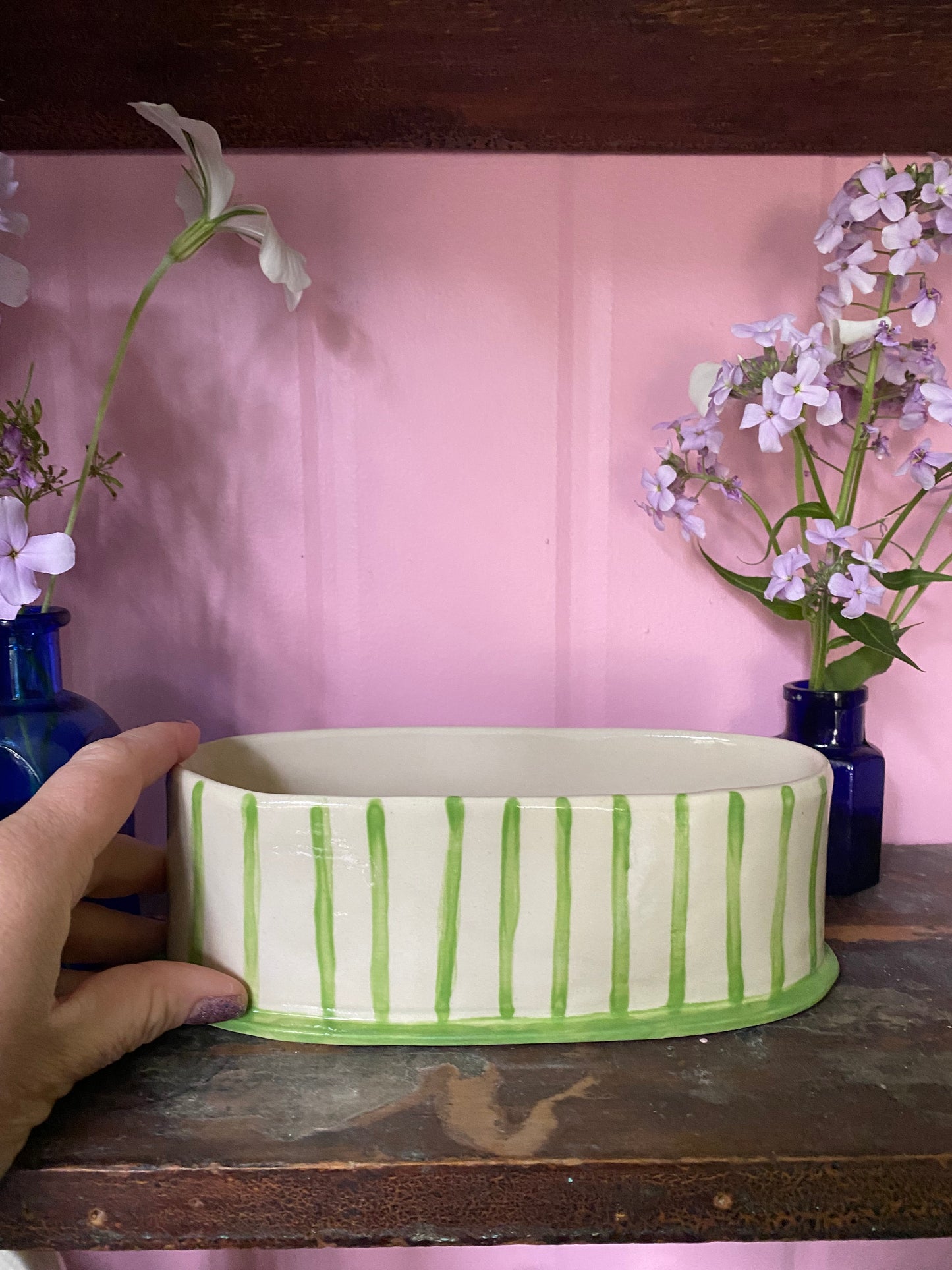 Oval Green Striped Vase OG1