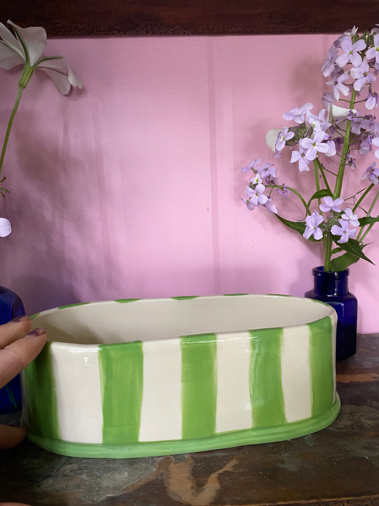 Oval Green Striped Vase OG3