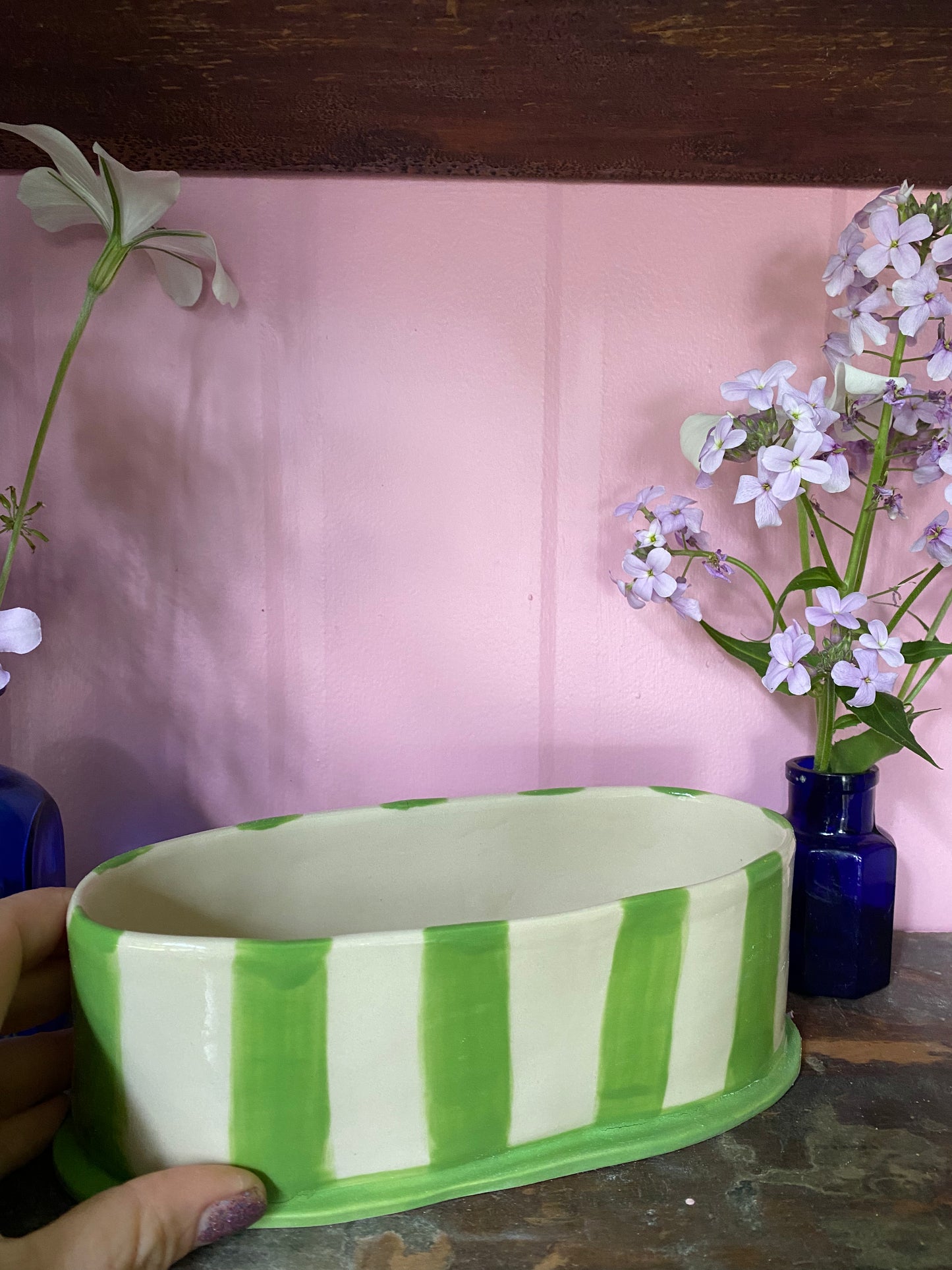 Oval Green Striped Vase OG2