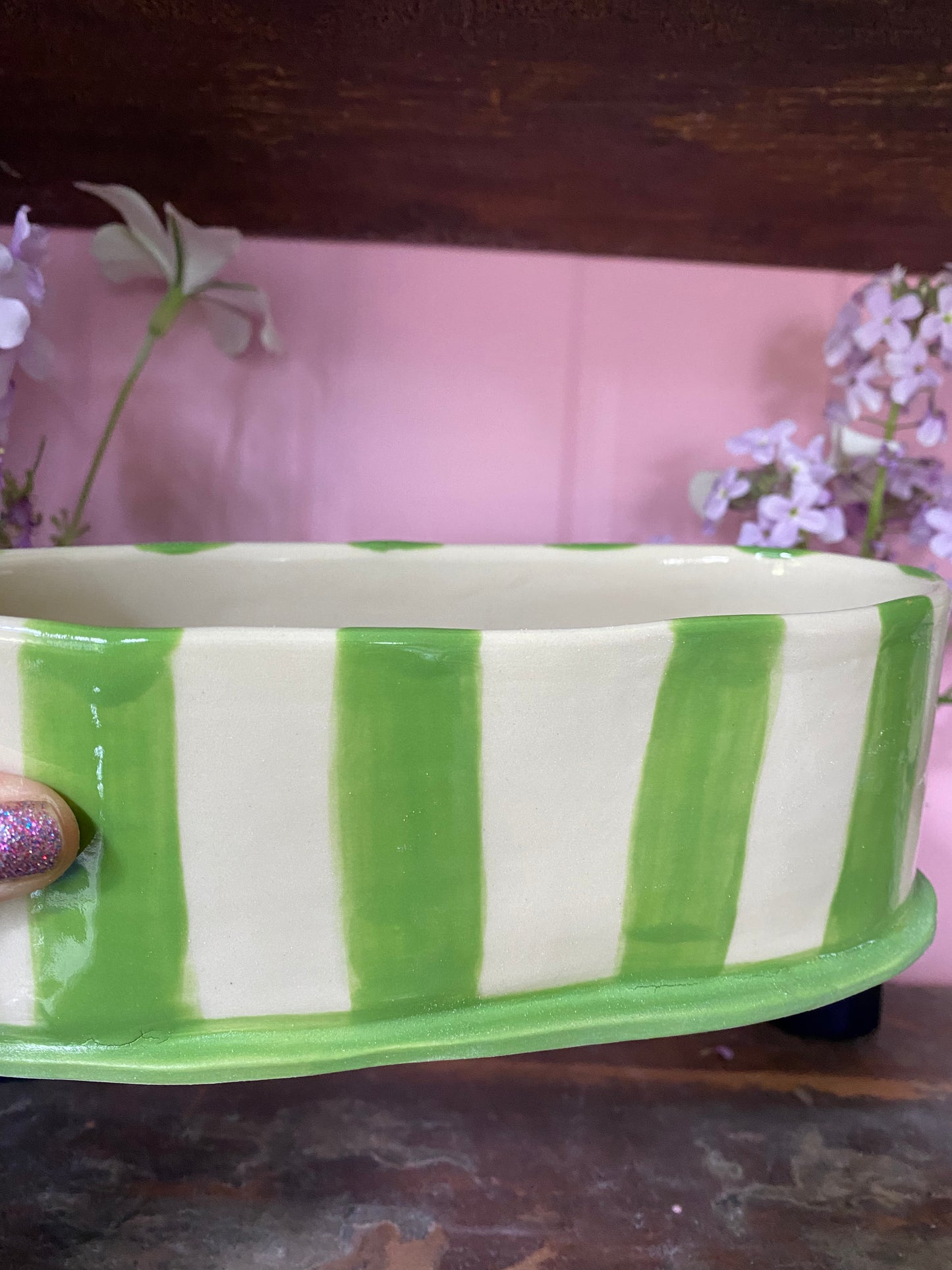 Oval Green Striped Vase OG2